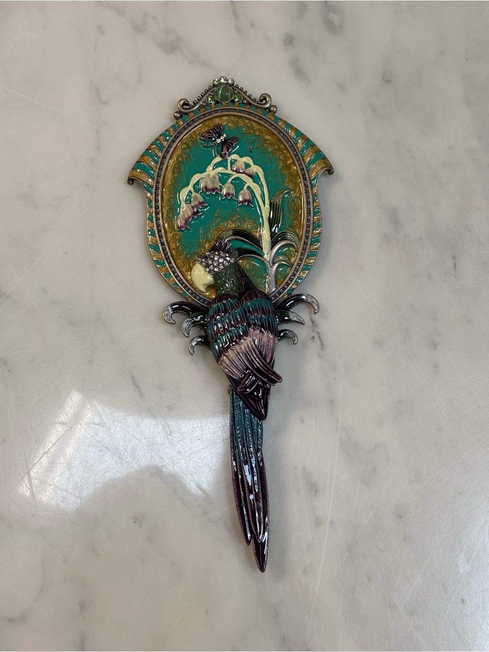 Mandalay Austrian Crystal Peridot Enamel Parrot Figural Hand Mirror NIB